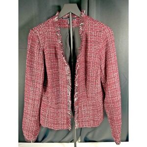 White House Black Market Tweed Blazer Size 8 Burgundy Fringe Trim Power Dressing
